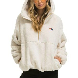 AVIATOR NATION - TEDDY APRES HOODED HALF ZIP JACKET - VINTAGE WHITE NWT